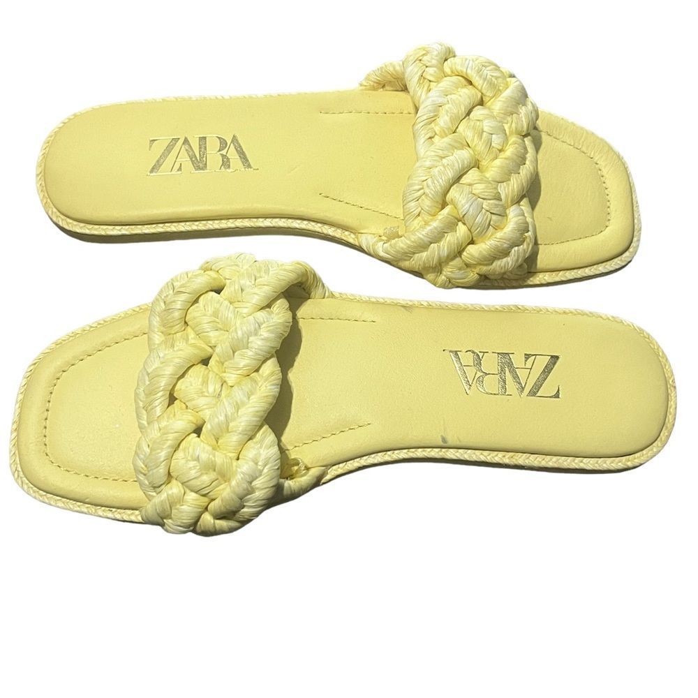 Zara Yellow Woven Raffia Flat Sandals | Slides | Boho | 7.5